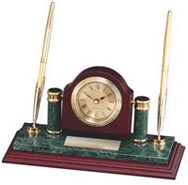 10 x 5 inch Marble & Rosewood Desk Clock & Pen Set