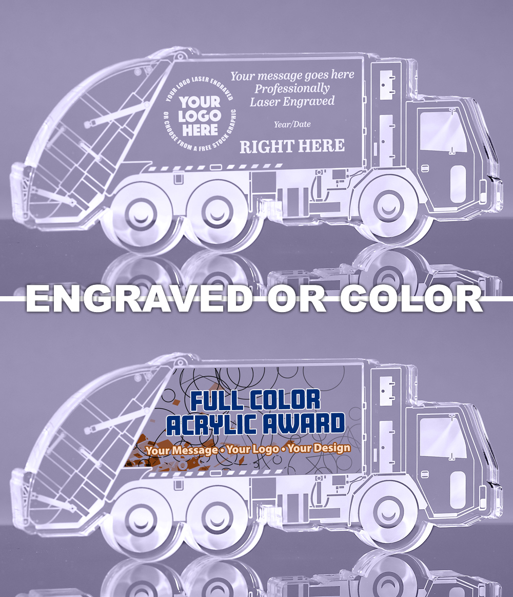 1 inch Thick Garbage Truck Acrylic Awards - Engraved or Color
