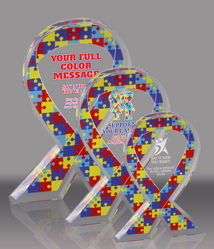Autism Puzzle Awareness Ribbon Acrylic Awards - Engraved or Color