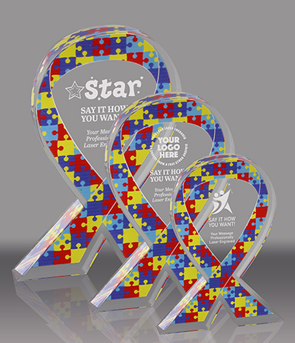 Autism Puzzle Awareness Ribbon Acrylic Awards - Engraved