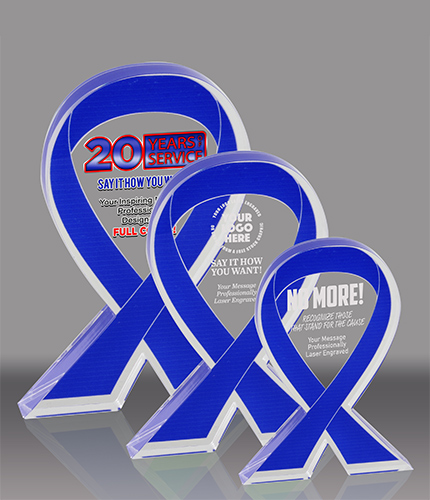 Blue Awareness Ribbon Acrylic Awards - Engraved or Color