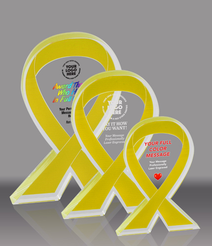 Yellow Awareness Ribbon Acrylic Awards - Engraved or Color