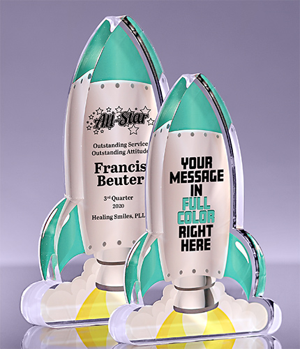1 inch Thick Acrylic Blast Off Rocket Awards - Teal