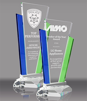 Crystal Marquee with Blue & Green Uprights Awards