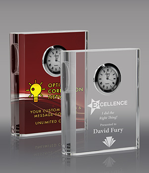 Rounded Side Crystal Award with Clock - Engraved or Color