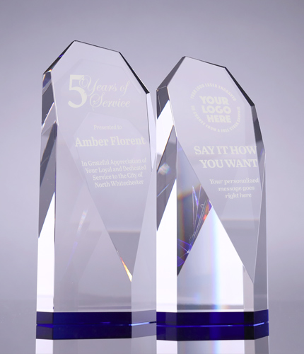 Diamond Faceted Crystal Awards with Blue Accents