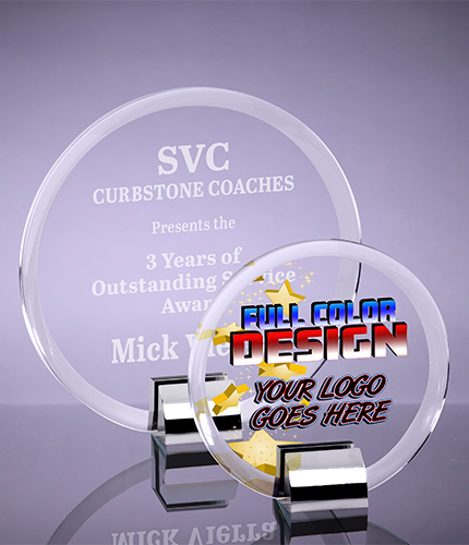 Crystal Circle Awards with Chrome Stands - Engraved or Color