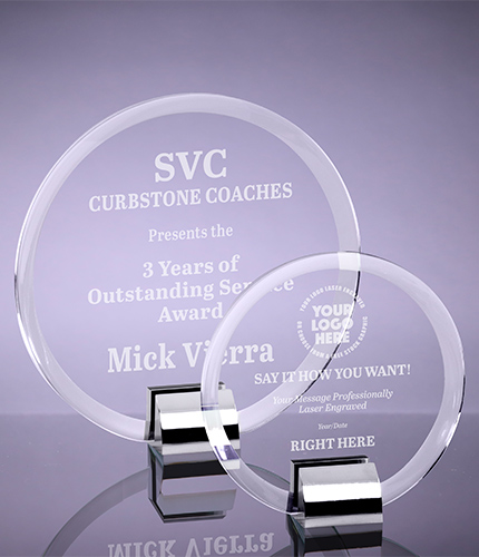 Crystal Circle Awards with Chrome Stands - Engraved