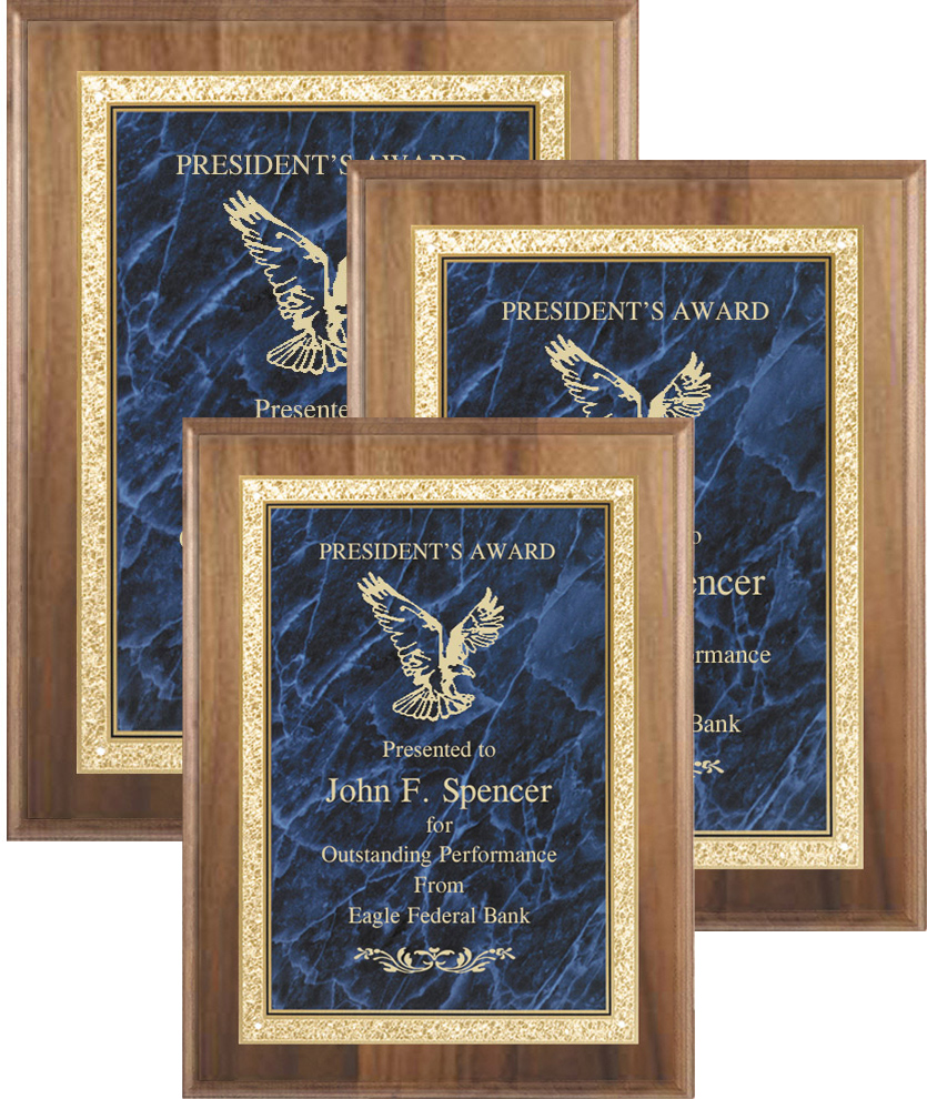 American Walnut Plaques with Solid Brass Blue Marbleized Plate