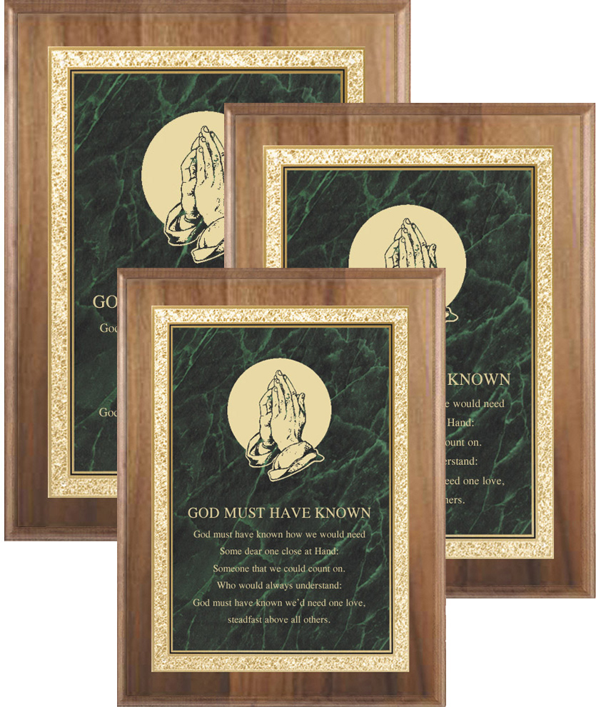 American Walnut Plaques with Solid Brass Green Marbleized Plate
