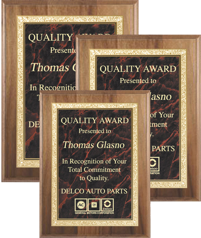 American Walnut Plaques with Solid Brass Red Marbleized Plate