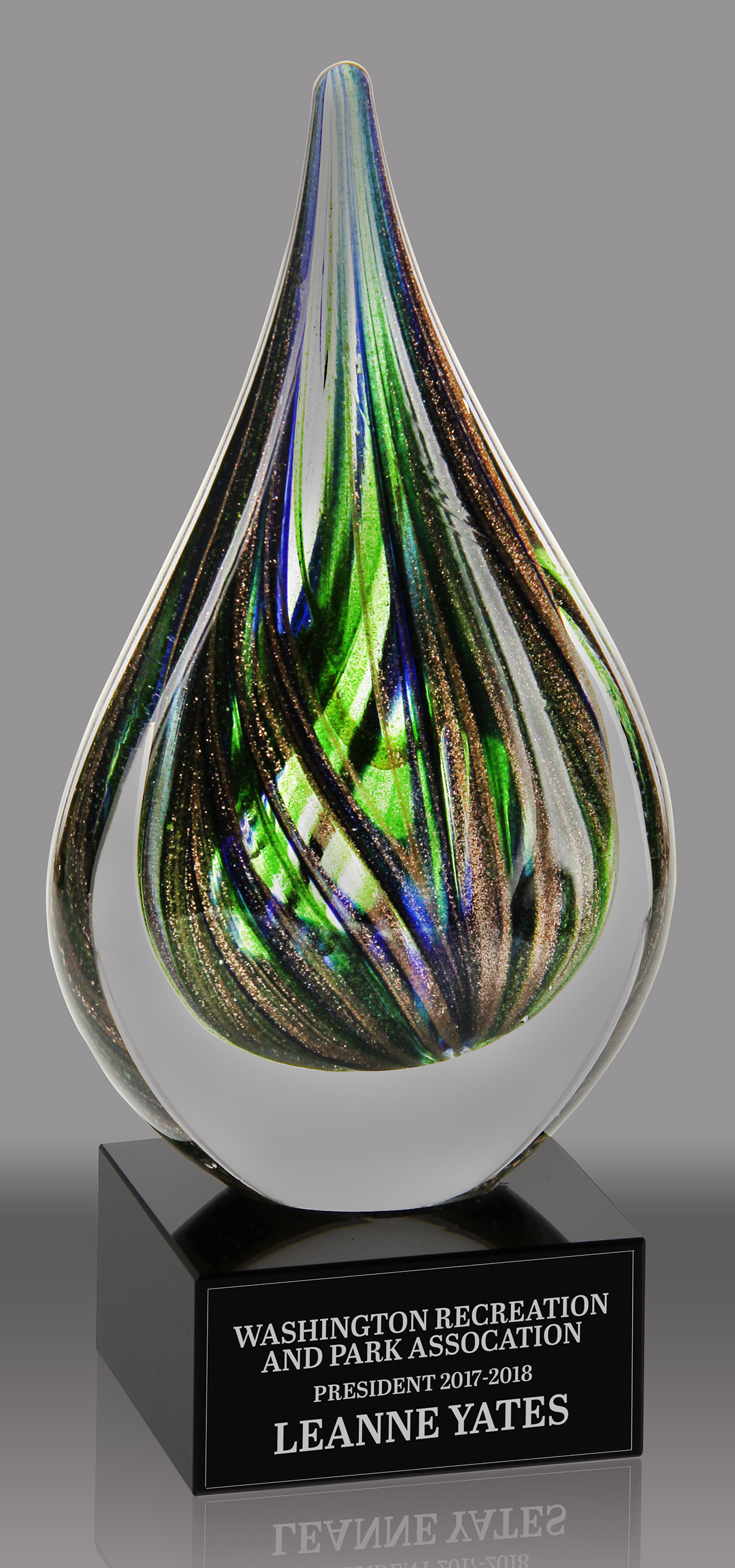Teardrop-Shaped Art Glass with Sapphire - Bronze & Green Highlights