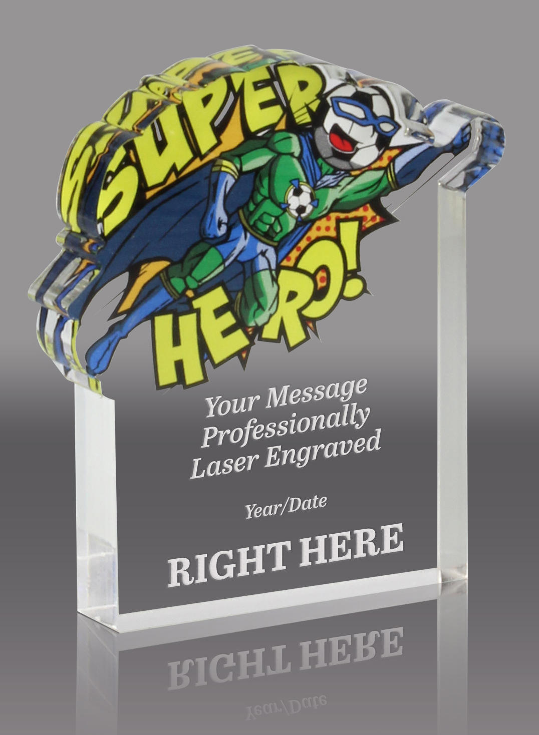Soccer Superhero Acrylic Award- Male 4x5 inch