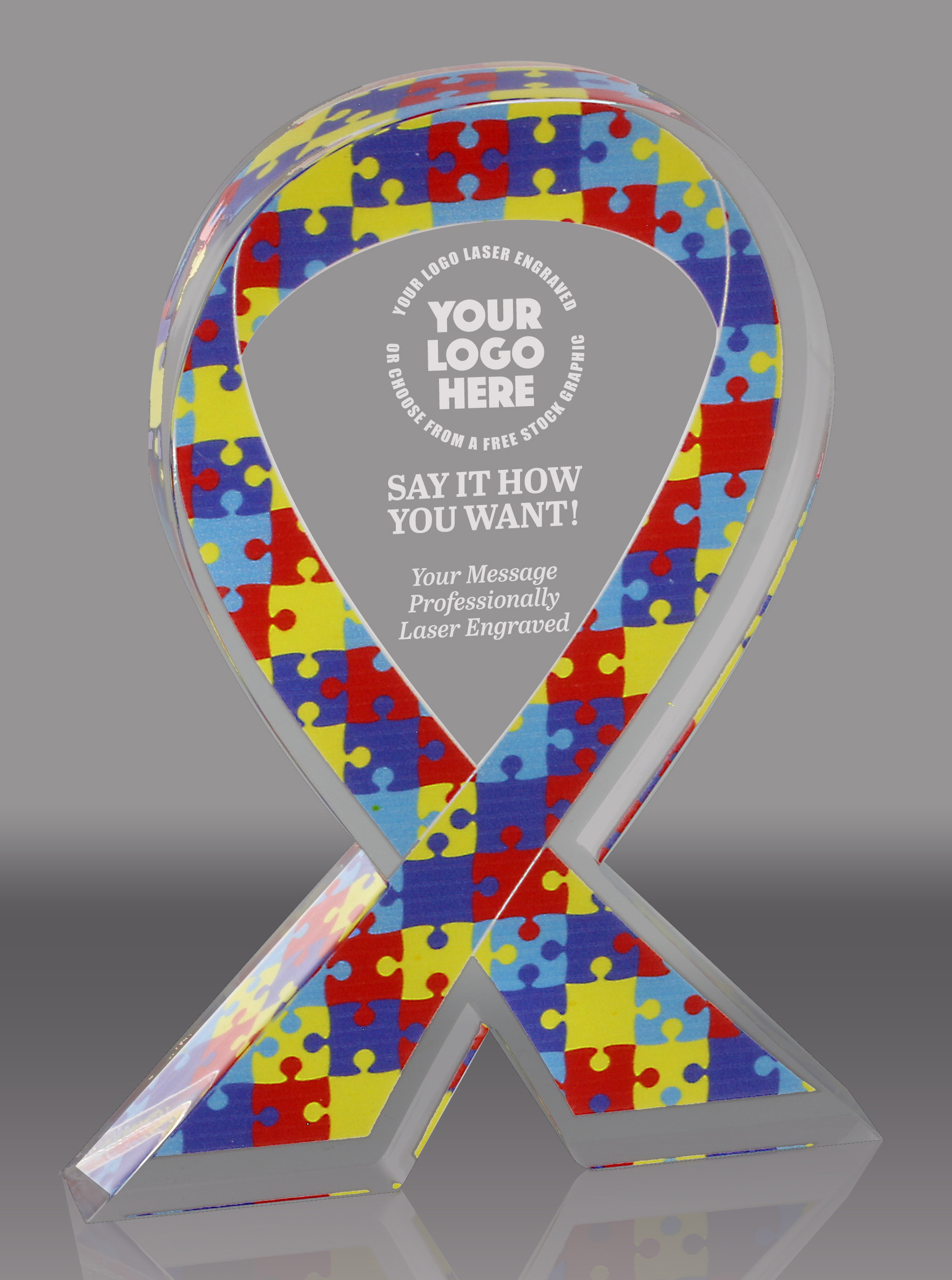 Autism Puzzle Awareness Ribbon Acrylic Award - 6 inch