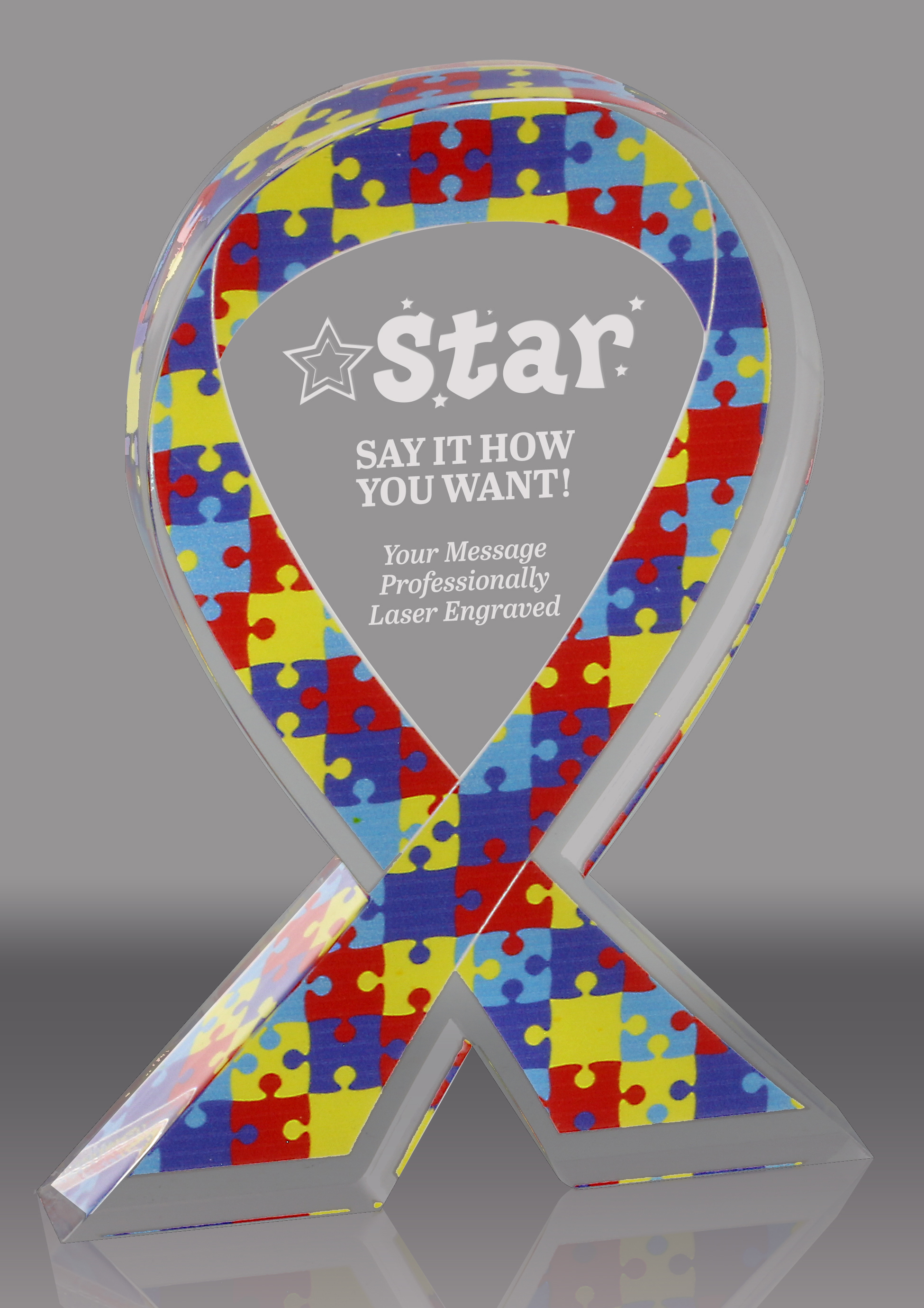 Autism Puzzle Awareness Ribbon Acrylic Award - 7 inch