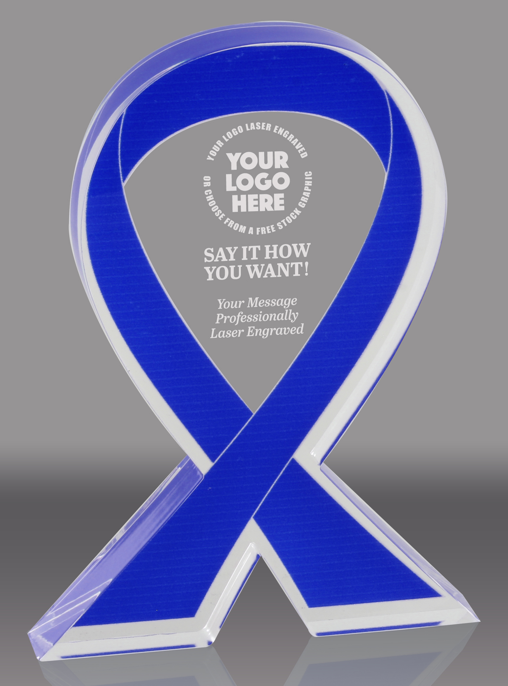 Blue Awareness Ribbon Acrylic Award - 6 inch