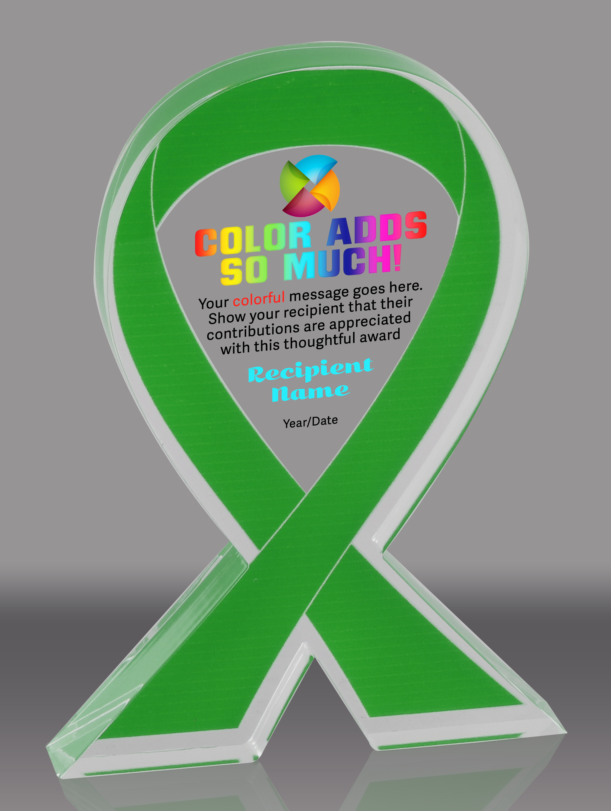 Custom Green Awareness Ribbon Acrylic Award - 7 inch