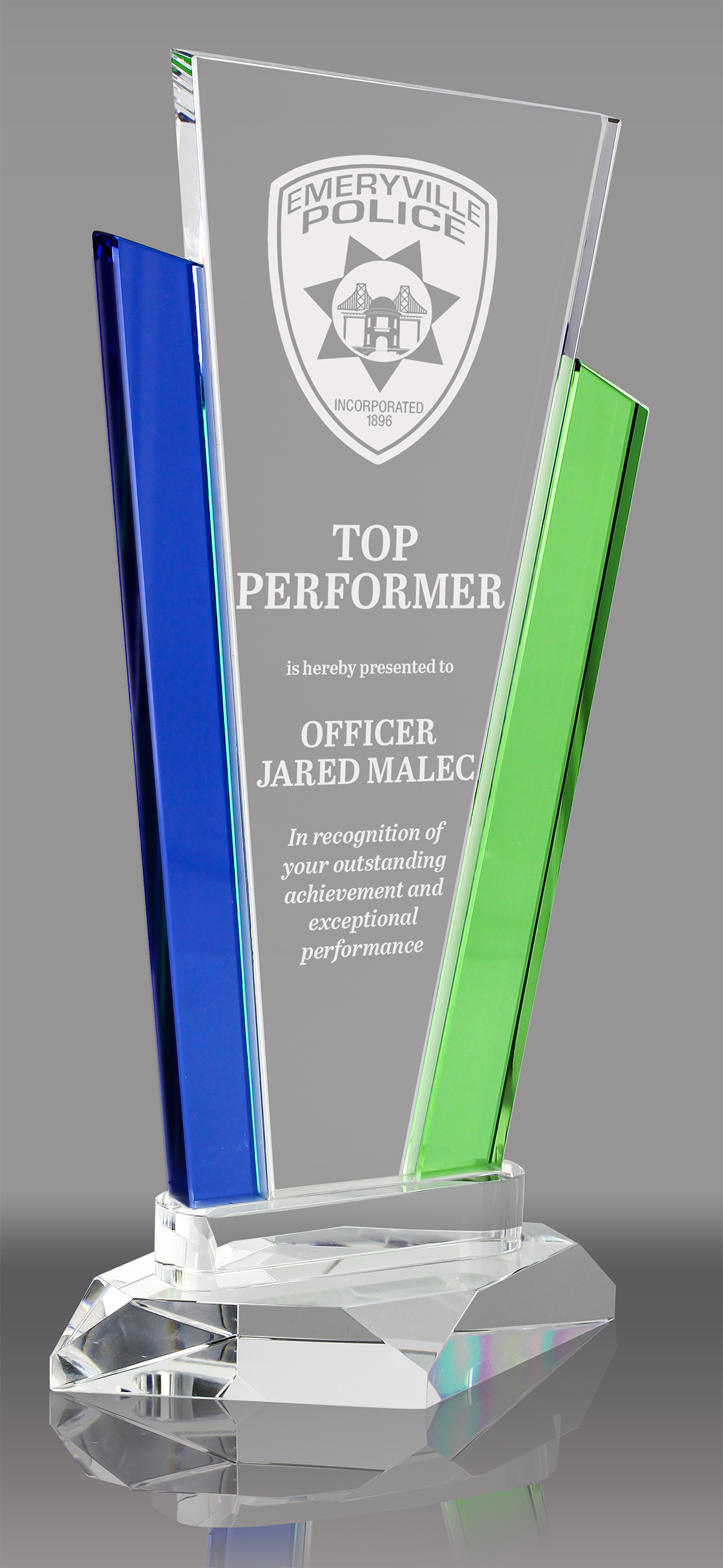Crystal Marquee Award with Blue & Green Uprights - 10.5 inch