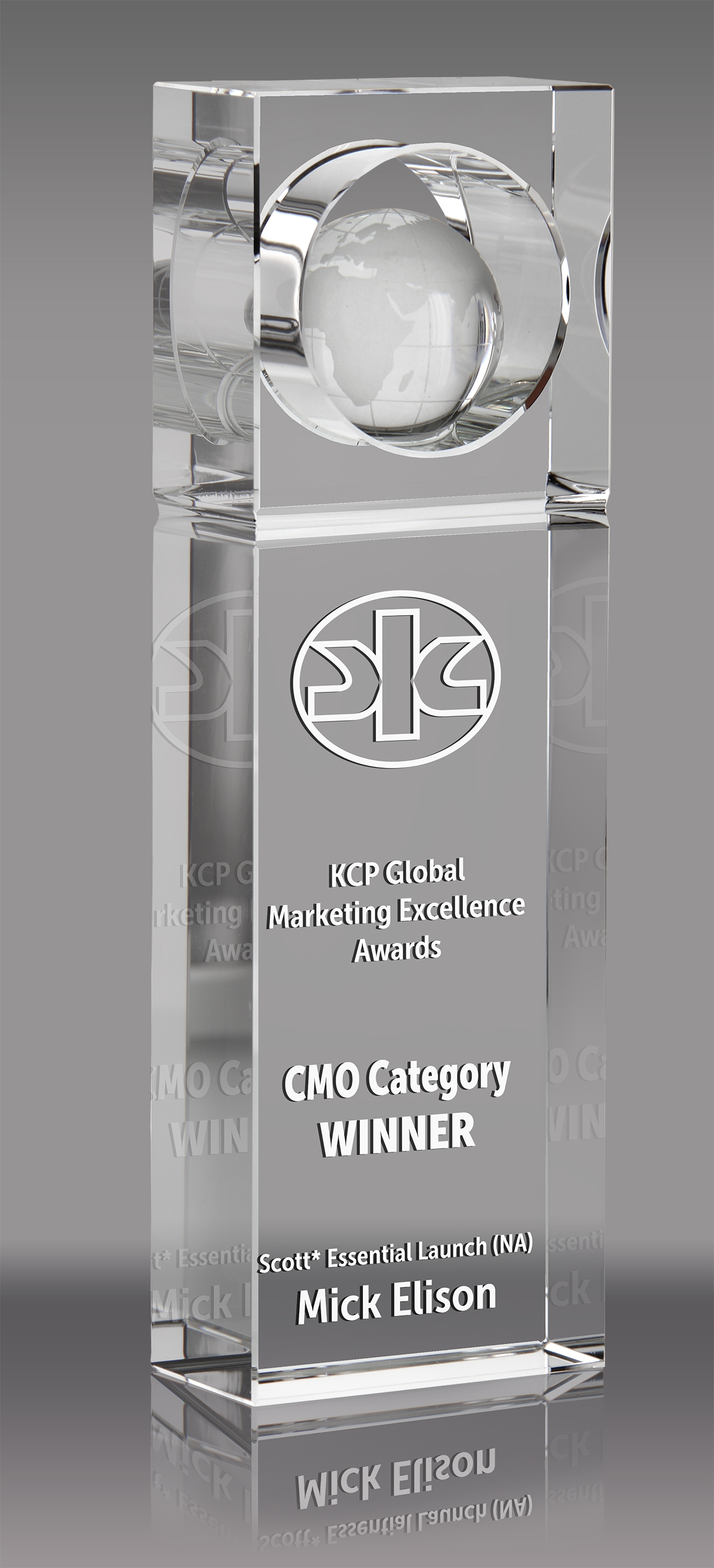 Crystal Rectangle with 3D Globe Award - 10 inch