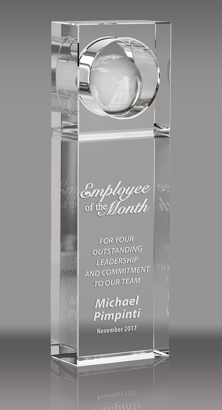 Crystal Rectangle with 3D Globe Award - 8.5 inch