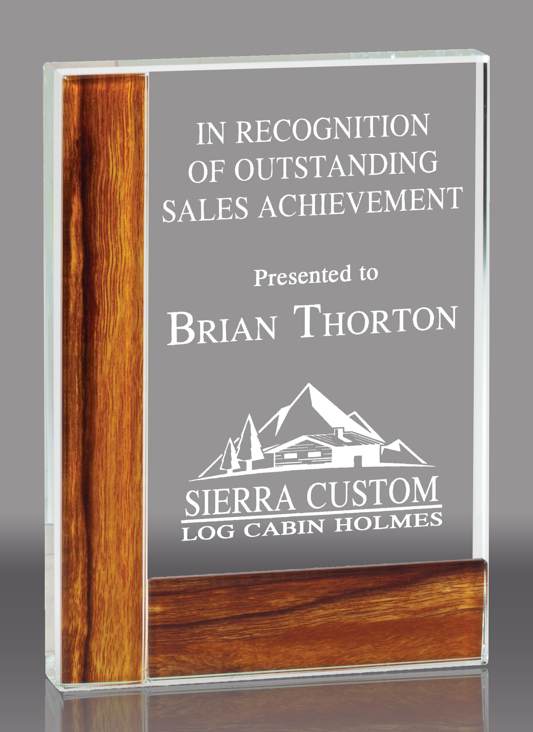 Rectangle Crystal Award with Wood Border - 7 inch