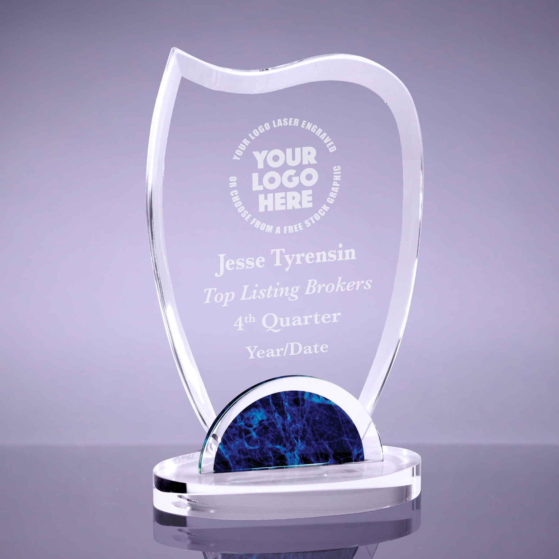 Wave Crystal Award with Blue Marble Accent - 7.5 inch