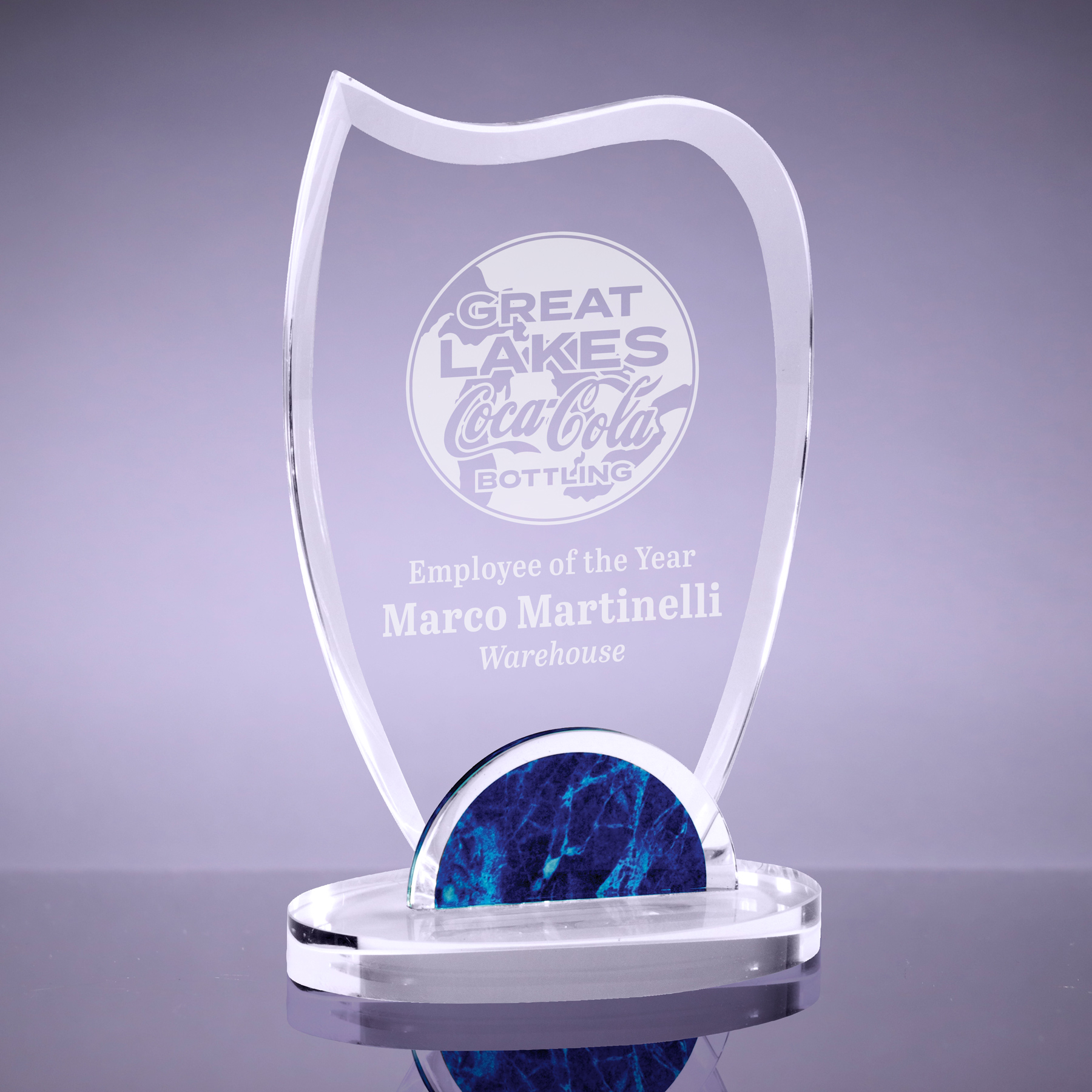 Wave Crystal Award with Blue Marble Accent - 8.25 inch