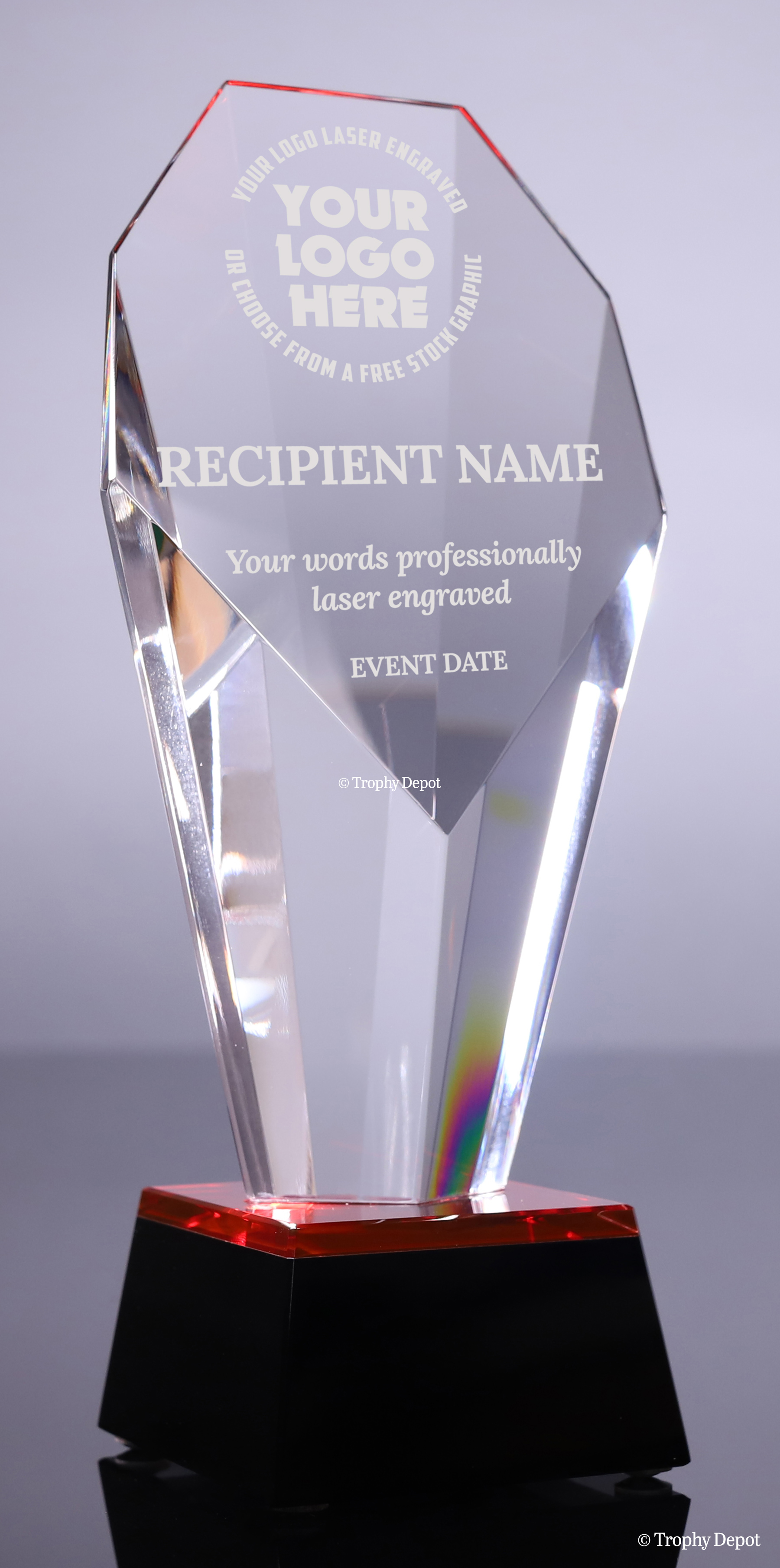 Faceted Crystal Fan Award with Red Accents - 8.5 inch