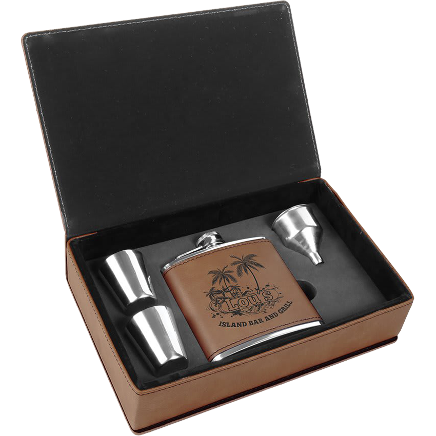 6 oz. Laserable Leatherette Flask Gift Set - Dark Brown 