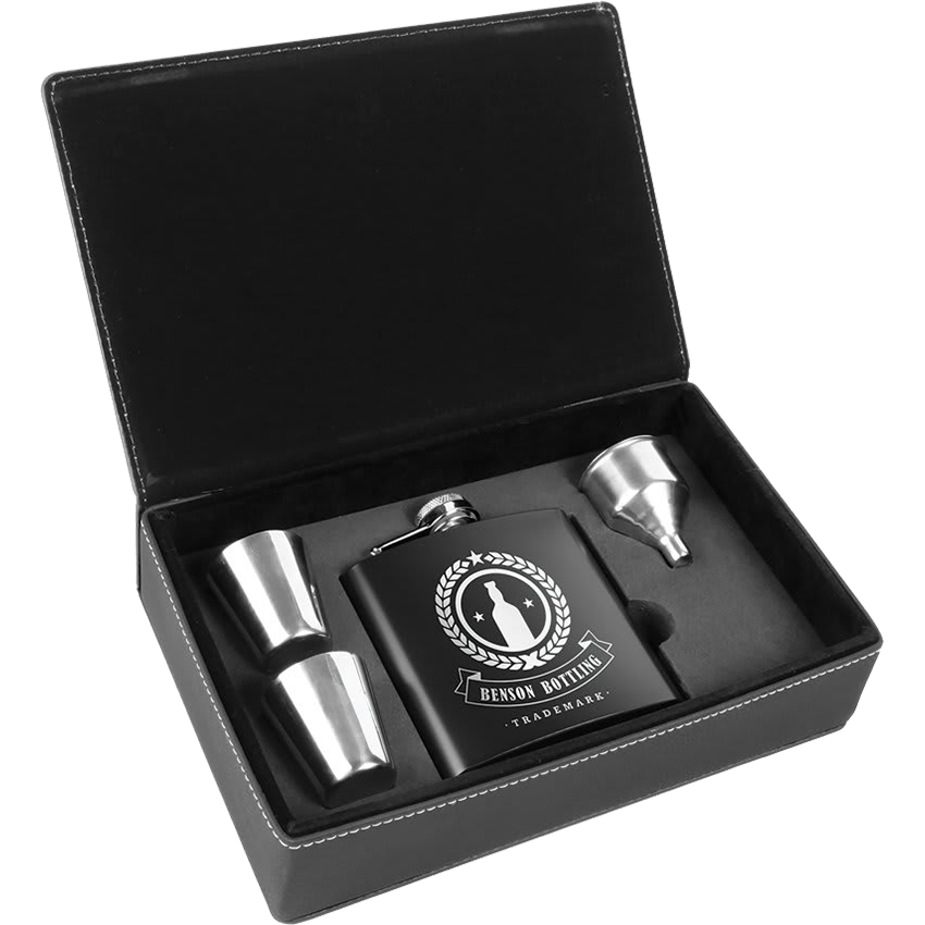 6 oz. Laserable Leatherette Flask Gift Set - Black Stainless Steel