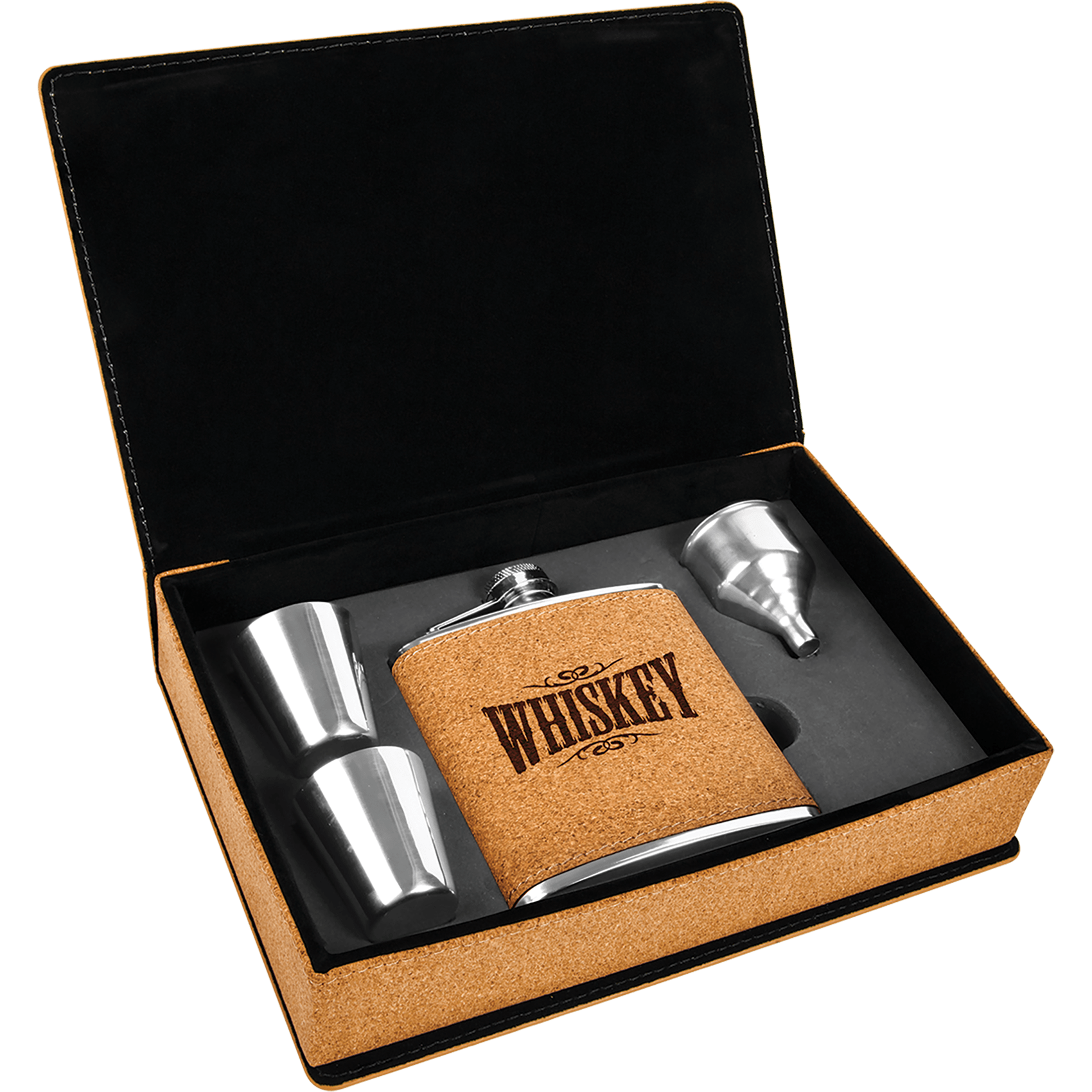 6 oz. Laserable Leatherette Flask Gift Set - Cork