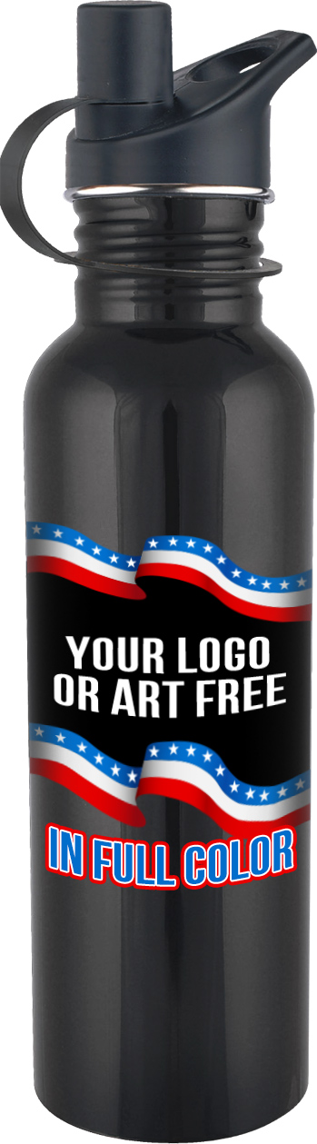 Custom Full Color Glossy Water Bottle- Black