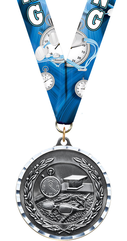 Swimming Diecast Medal with Diamond Cut Border- Silver