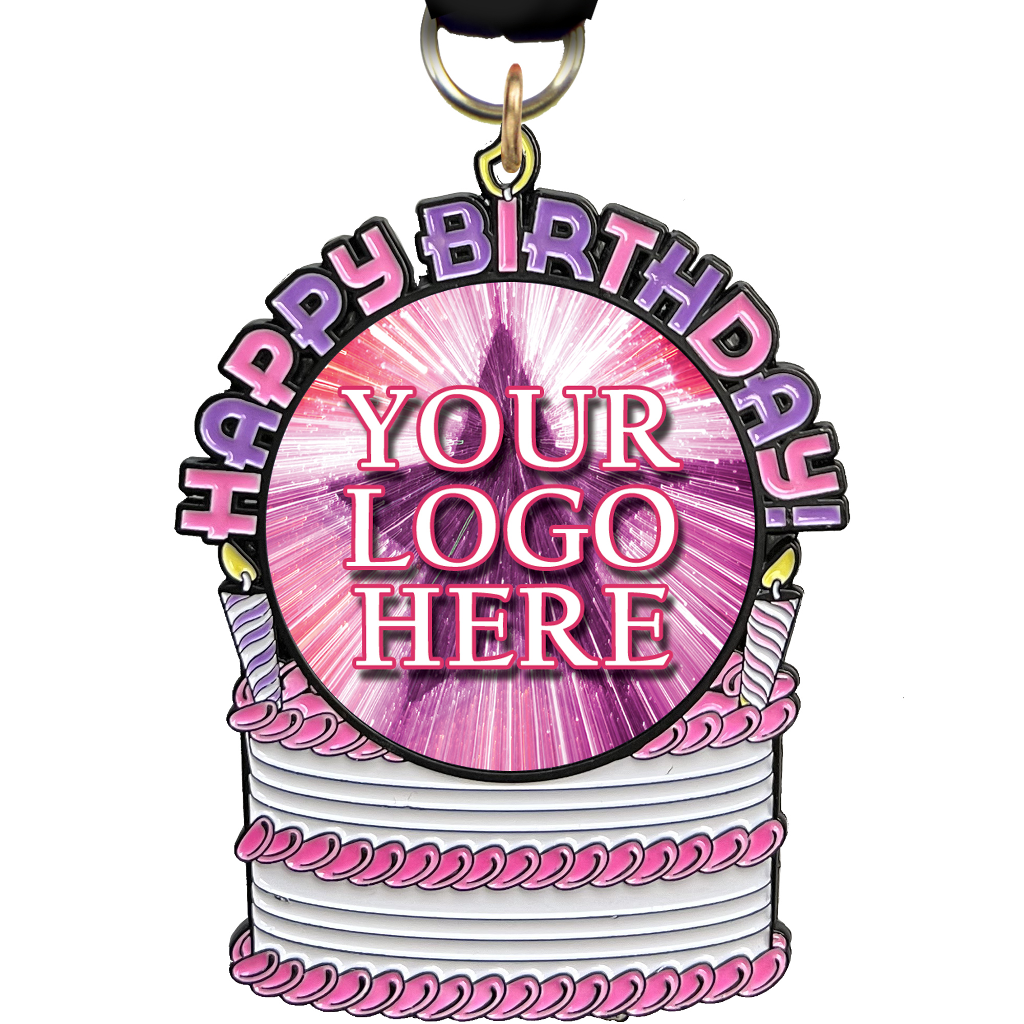 Happy Birthday Glow in the Dark Custom Insert Medal - Pink & Purple