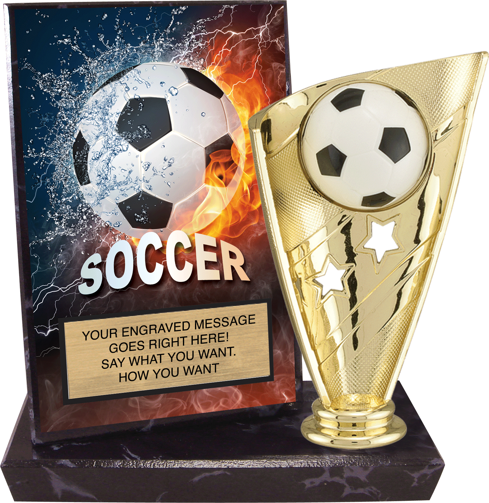FOOTBALL SOCCER TROPHY 3 SIZES AVAILABLE ENGRAVED FREE FEMALE FIGURE TROPHIES 