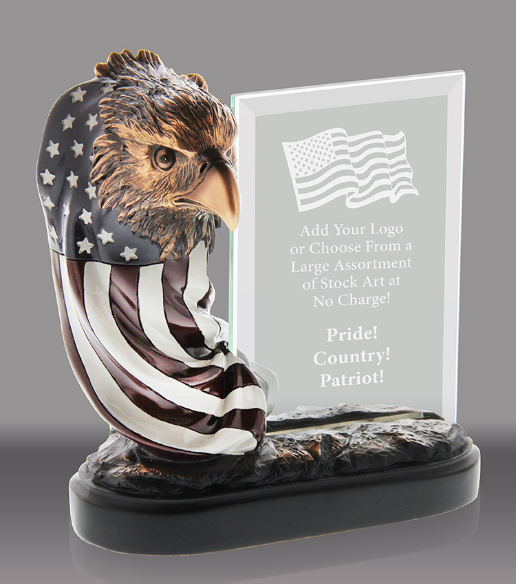 Eagle Head with Flag Resin with Engravable Jade Crystal