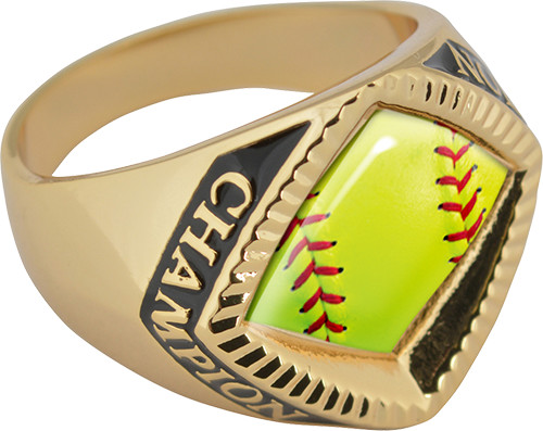 Softball Chevron Champion Domed Insert Ring- Gold