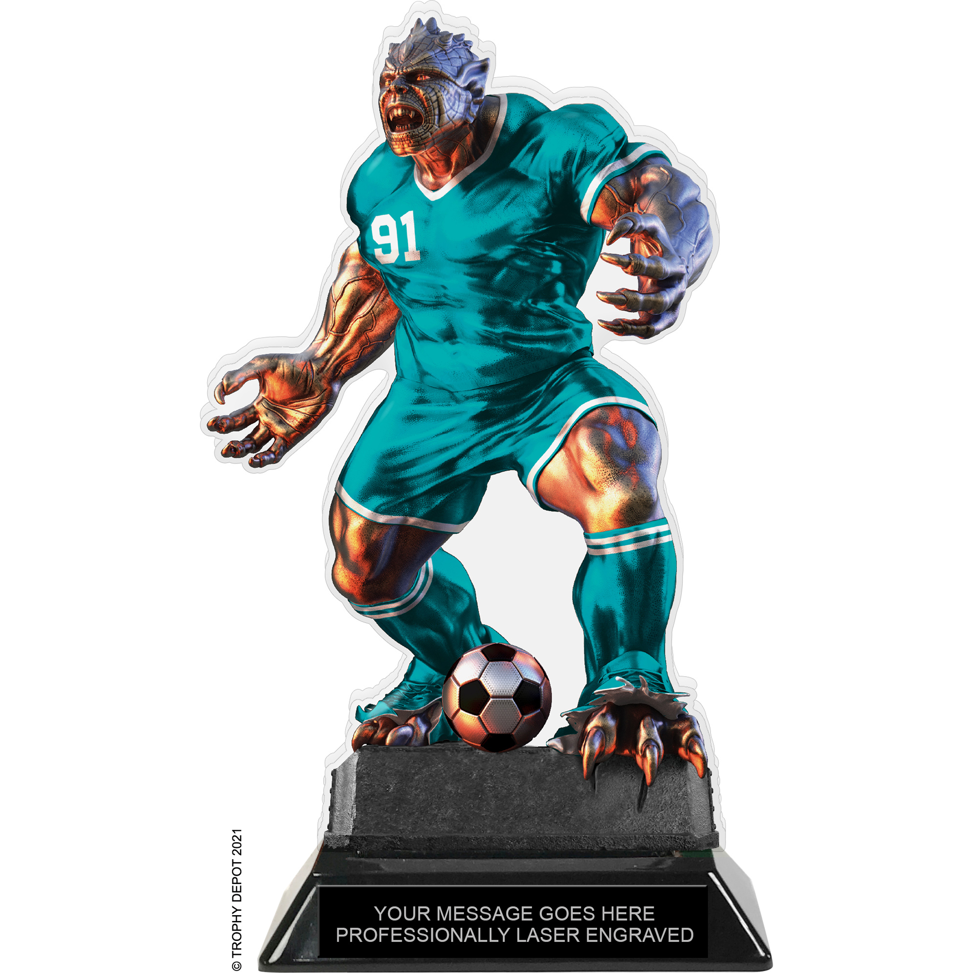 Beast Soccer Choose Your Number Acrylic Trophy - 8.5 inch Teal