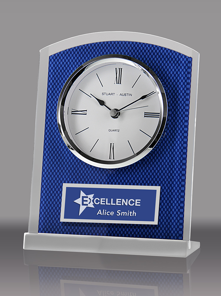 Blue Carbon Fiber Glass Clock on Aluminum Base 