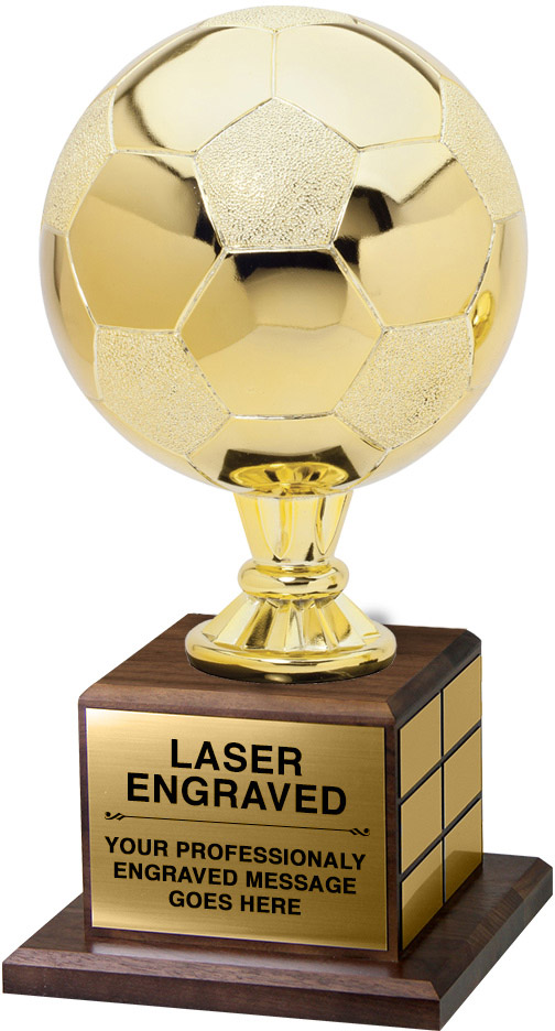 Full Size Gold Finish Soccer Ball Trophy on Genuine Walnut Base