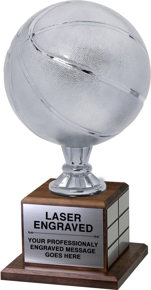 Full Size Silver Finish Basketball Trophy on Genuine Walnut Base