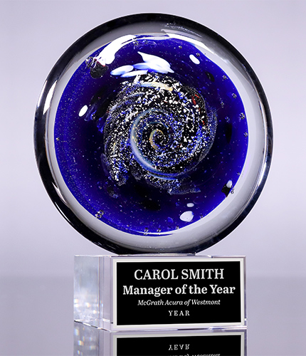 Art Glass Disk Award with Blue and White Accents