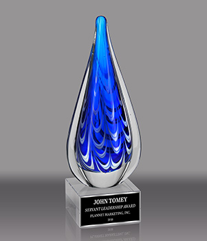 Blue and Black Teardrop Shaped Art Glass Award