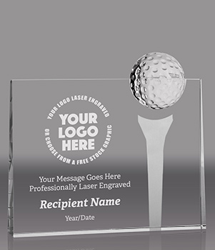 Crystal Block with Golf Ball and Etched Tee Award