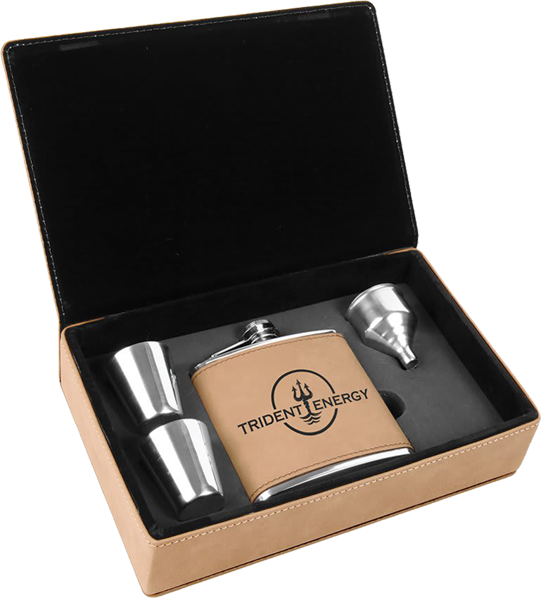 6 oz. Laserable Leatherette Flask Gift Set - Light Brown 