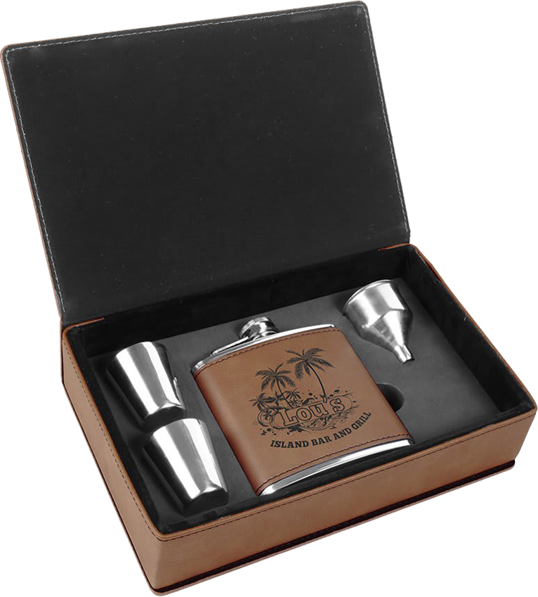 6 oz. Laserable Leatherette Flask Gift Set - Dark Brown 