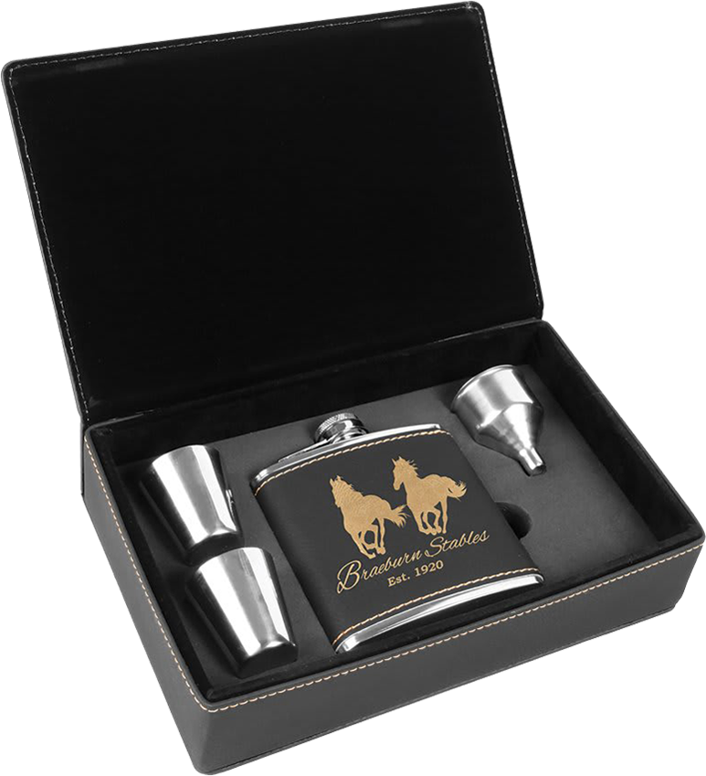 6 oz. Laserable Leatherette Flask Gift Set - Black/Gold 