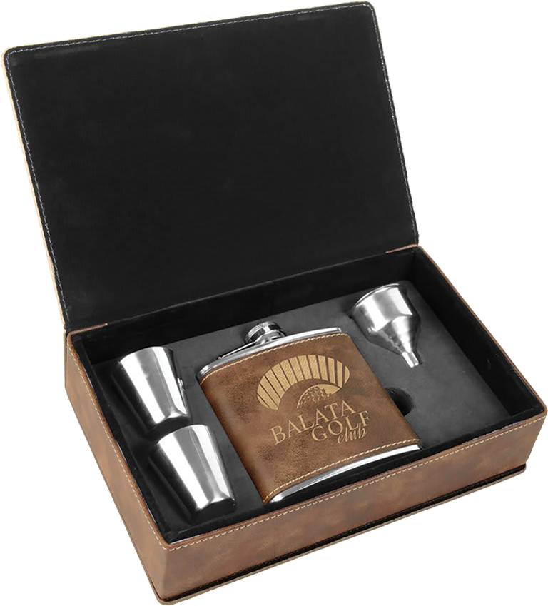 6 oz. Laserable Leatherette Flask Gift Set - Rustic/Gold