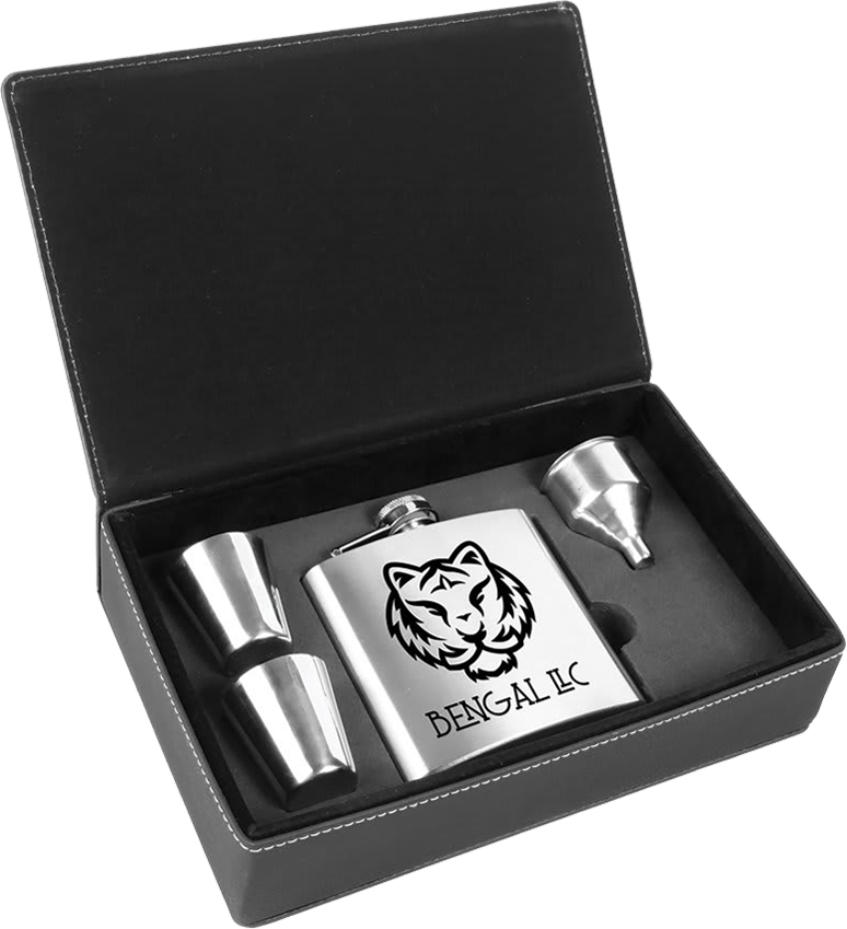 6 oz. Laserable Leatherette Flask Gift Set - Stainless Steel