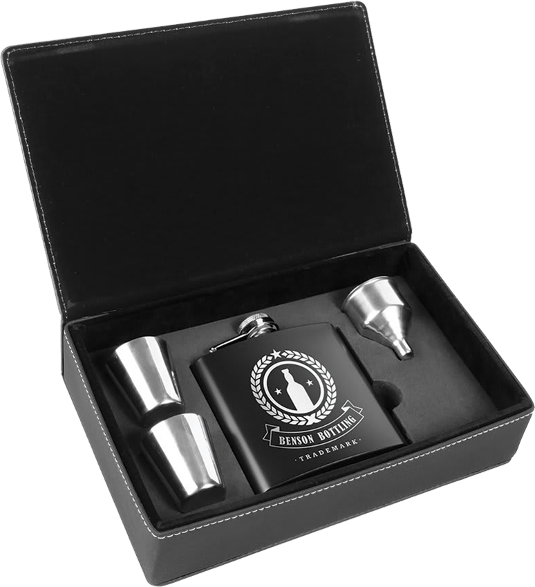 6 oz. Laserable Leatherette Flask Gift Set - Black Stainless Steel